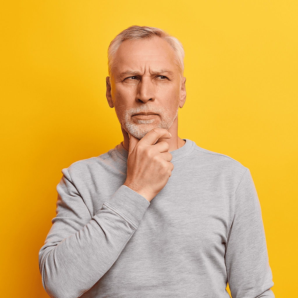 Nachdenkender Mann mit Hand am Kinn vor gelbem Hintergrund.